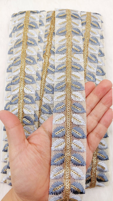 9 Yards Tissue Embroidered Trim, Leaves Embroidery Decorative Trim, Indian Sari Border